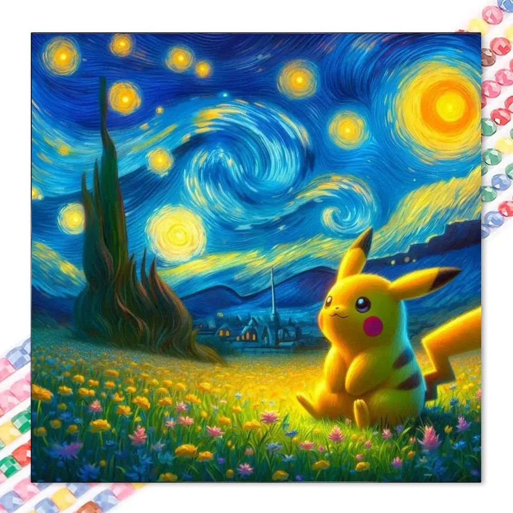 1 DIY handmade diamond painting kit, 5D diamond art set, DIY decoration, Pikachu, starry sky, field diamond painting kit with full round diamonds, mosaic, diamond art, DIY art home decoration, suitable for Christmas, Handicraft