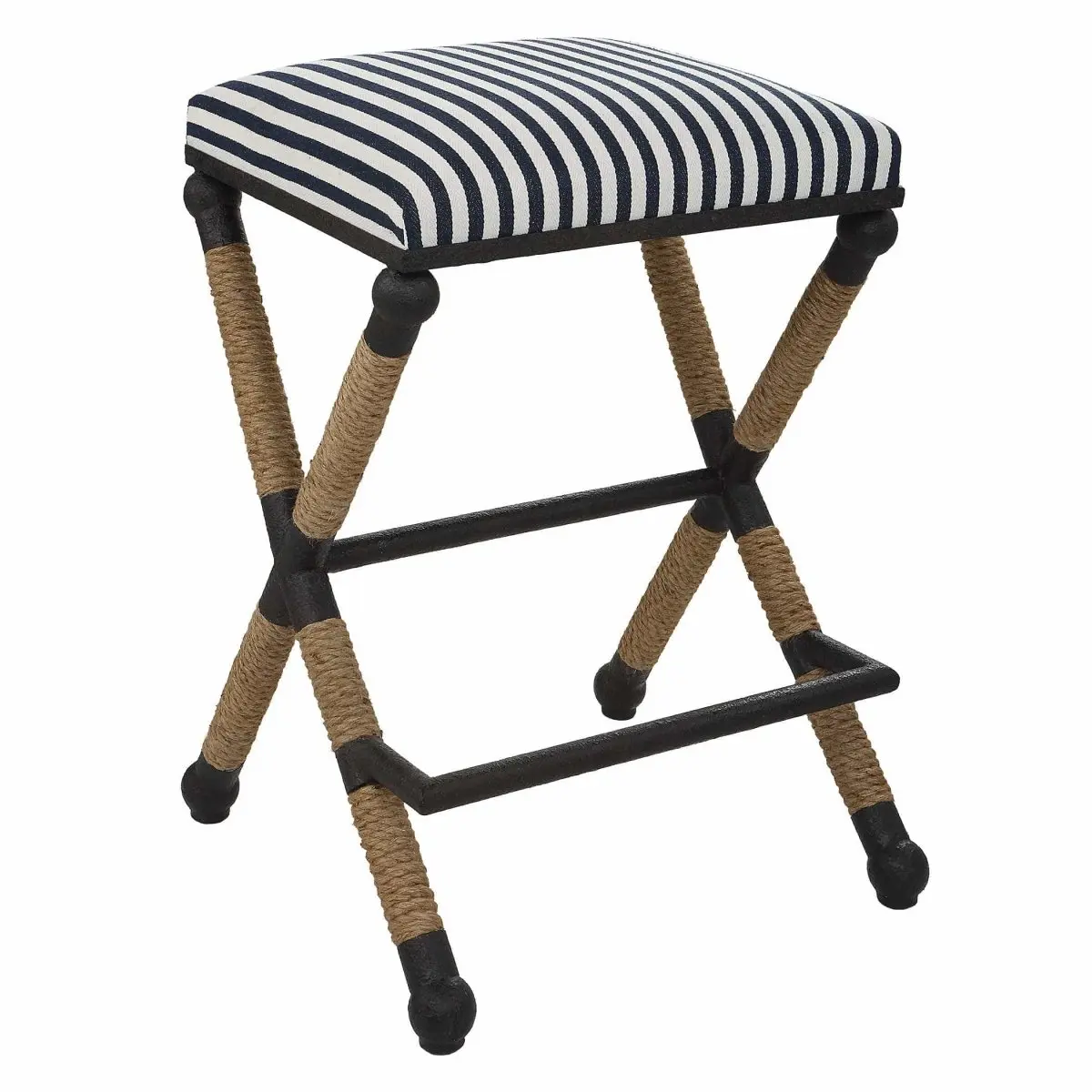 Braddock Coastal Counter Stool - 28" Counter Height Barstools with Rope, Metal Accents, Striped Fabric, Cushioned Top, Performance Treatment, 19W x 28H x 19D (in) for Indoor Furniture Use, Nautical