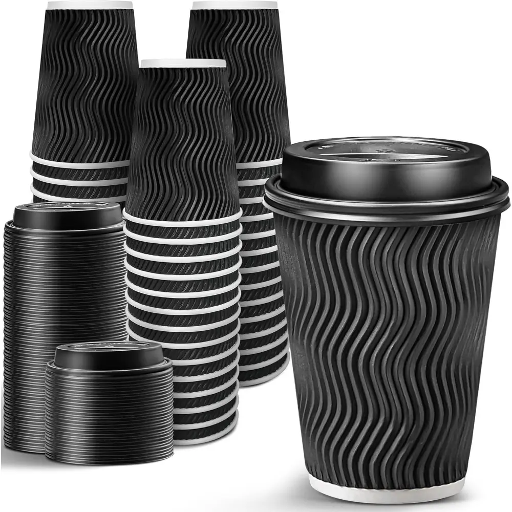 100-Pack 12 oz Leak-Proof Insulated Disposable Paper Cups with Lids - To-Go Hot Beverage Cups for Coffee Bar, Party, Cafeteria Kitchenware Accessories, Insulated Paper