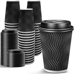 100 Pack 12 oz Disposable Coffee Cups with Lids-To-Go Paper Cups for Hot Beverages like Chocolate, Cocoa - Coffee Bar Accessories - Black