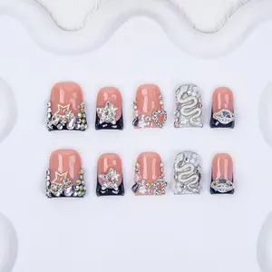 Nailssbysheccid, 10pcs press-on nails, duckbill style, 100% handmade, minimalist style, Y2K, paired with French style, 3D, star pattern rhinestones, for family dinners, dates, weddings, gift for girls! Comes with jelly glue, crystal sticks & shaping bars
