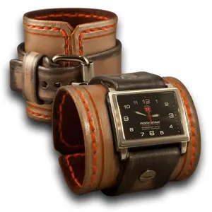 Pearl, Silver & Orange Leather Cuff Watch with Orange Stitching