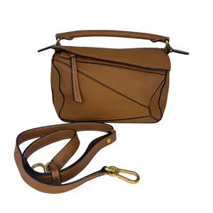 Pre-owned Loewe Used Puzzle Tan Grain Leather Top Handle Bag with Detachable Crossbody Strap