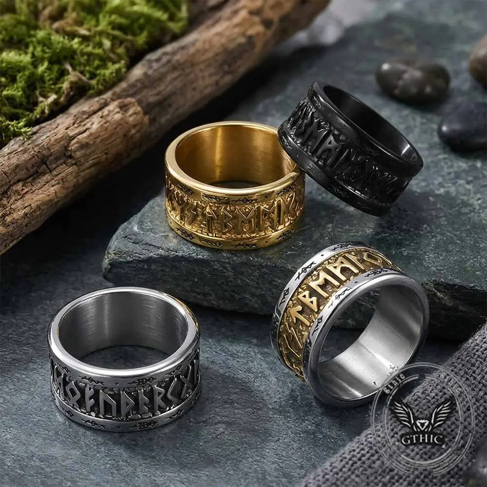 GTHIC Unisex Antique Look Stainless Steel Jewelry Ring - Nordic Viking Engraved Runes Fashion Band, Tough Norse Statement Accessory for Biker Gatherings, Holiday Gifts, Daily Wear