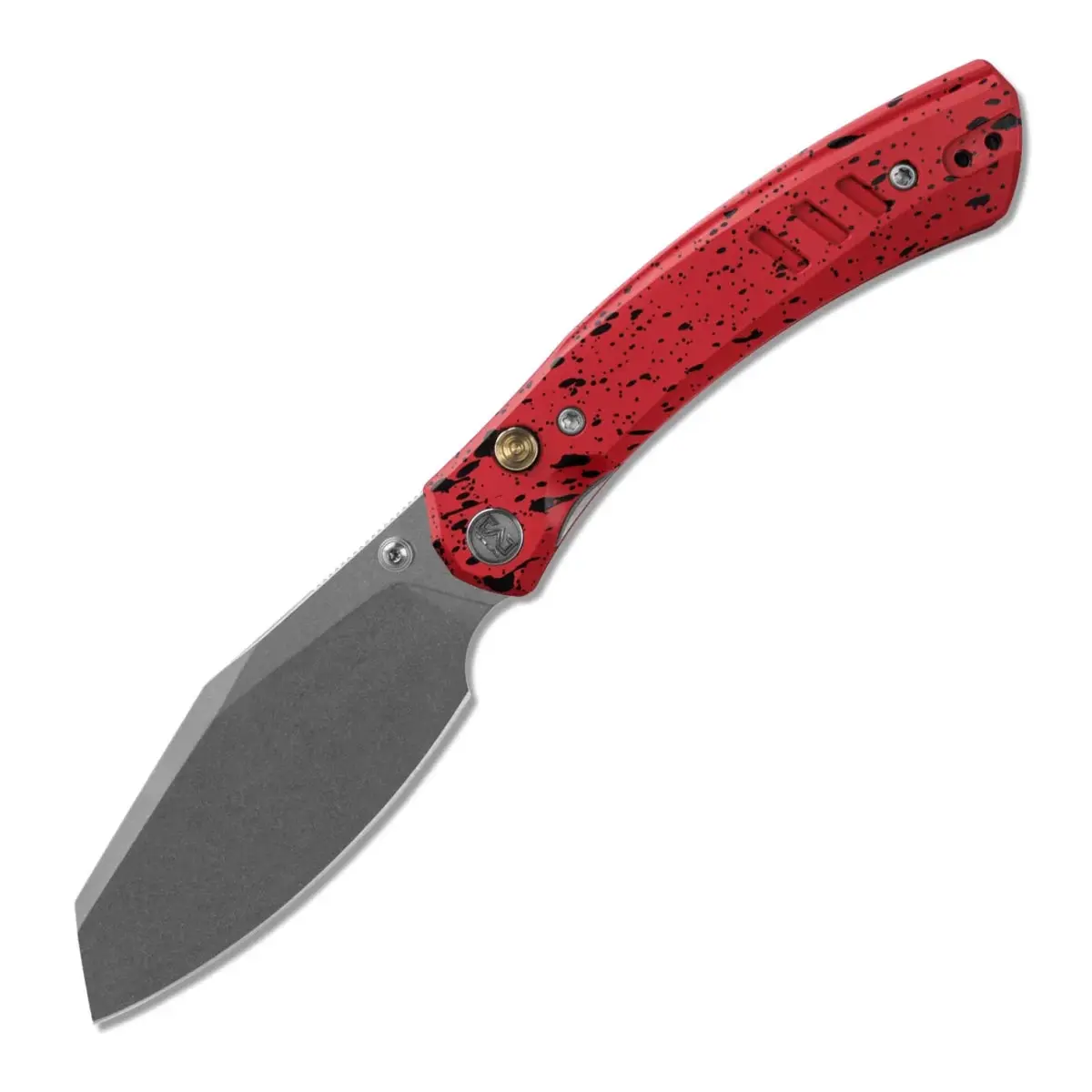 Miguron Karok MGR827RD Folding Pocket Knife – 3.4" D2 Sheepsfoot Blade, Red Black Splatter Aluminum Handle, Button Liner Lock, EDC Outdoor Camping Gear