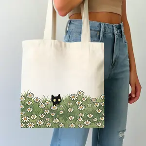 Floral Canvas Tote Bag, Daisy Cat Tote Bag, Cute Cat Tote for Cat Lovers, Spring Tote Bag, Aesthetic Reusable Grocery Bag