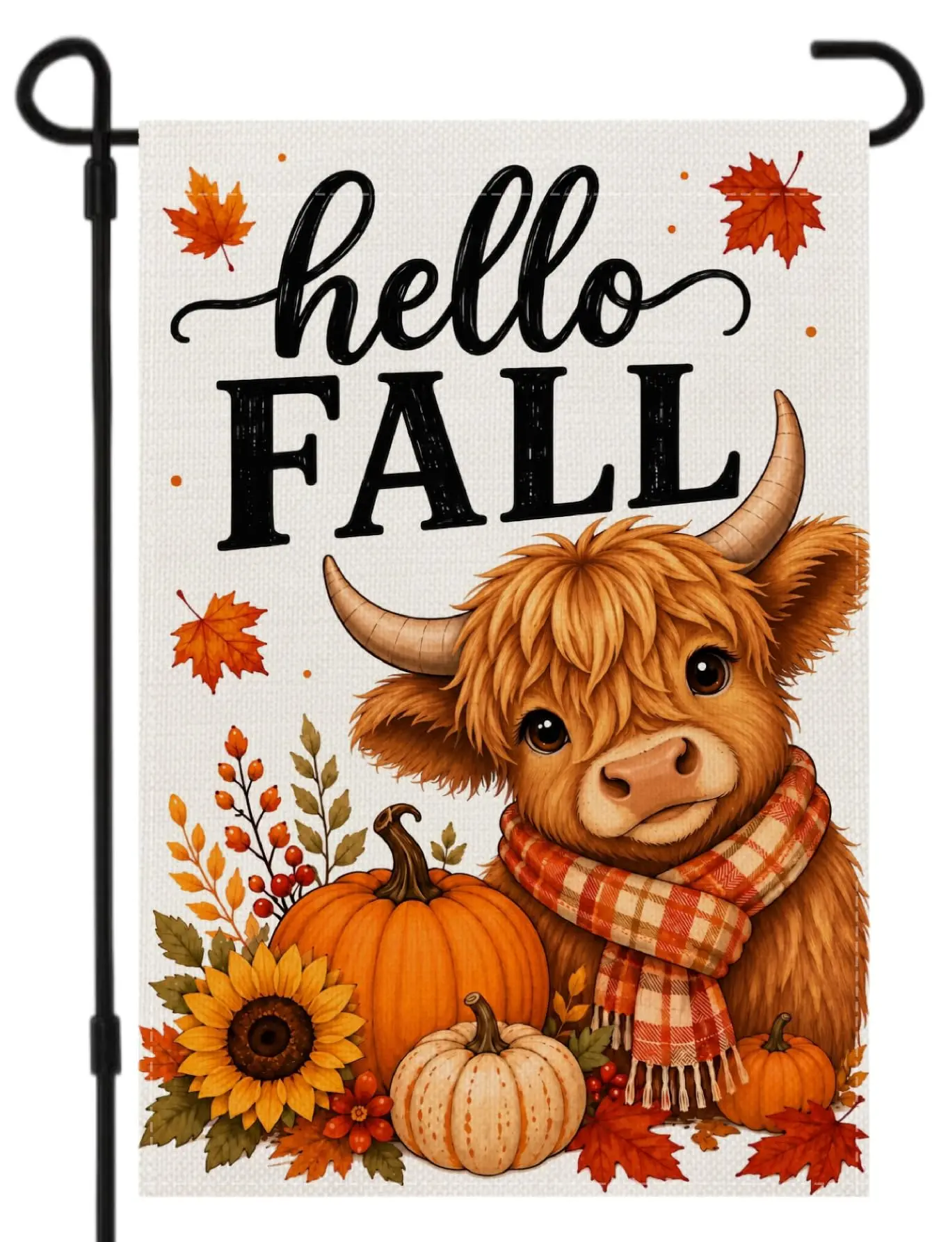 Rustic Burlap Garden Flag Double-Sided Highland Cow Print, 12x18 Inch for Thanksgiving Seasonal Outdoor Decor with Pumpkin Sunflower