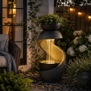 Tankana 31.9-in S-Shaped Resin Outdoor Water Fountain - Modern Cascading Waterfall, LED Lights, Planter Bowl for Patio Home Decor