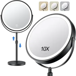 10x Large Lighted Makeup Mirror, Rechargeable 8" Height Adjustable Vanity Mirror, 1x/10x Magnifying Mirror with 3 Color, Brightness Adjustable, 360° Rotation Double Sided Mirror, Gift for Her(Black)