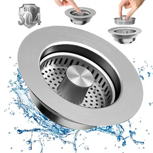 Upgraded 3-in-1 kitchen sink drain filter, stainless steel sink stopper, pop-up anti-clogging basket odor filter, compatible with US standard 3-1/2 inch drain pipes, easy-to-clean sink filter accessories.