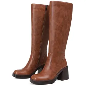 CELNEPHO Knee High Boots for Women Square Toe Chunky Block Heel Fashion Boot Side Zipper Closure Easy Pull on Gift Everyday Wear Formal Dress Shoes