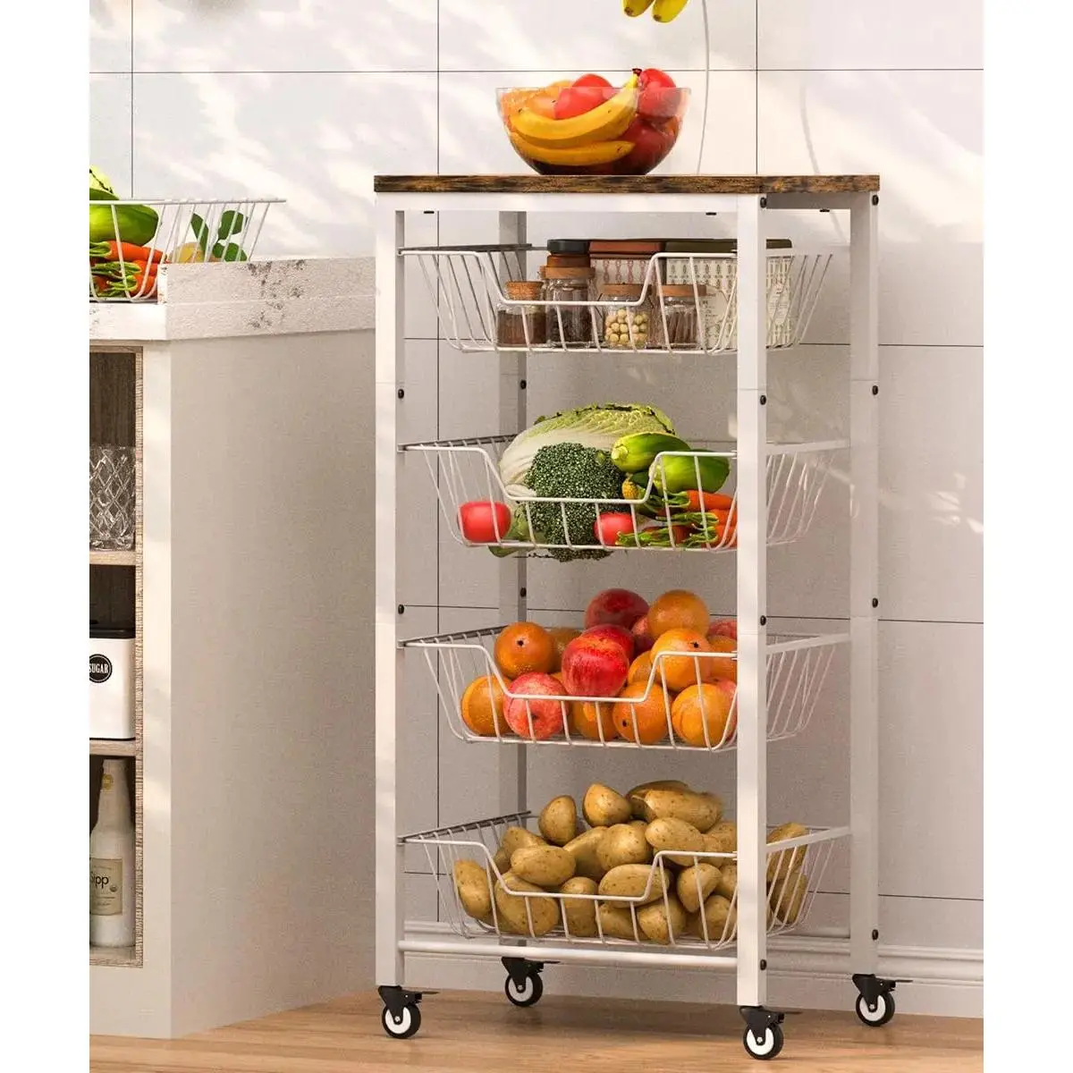 White 5-Tier Smooth-Slide Fruit Vegetable Storage Cart Organiser with Pull-Out Baskets, Top Hanger, Banana Holder & Rolling Wheels for Pantry, Garage, Living Room, Metal
