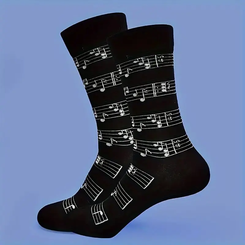 Men's Black Crew Socks with Sheet Music Pattern in Soft Fabric, Novelty Menswear Gift for Musicians and Students, Gift For Parents, Music Sheet