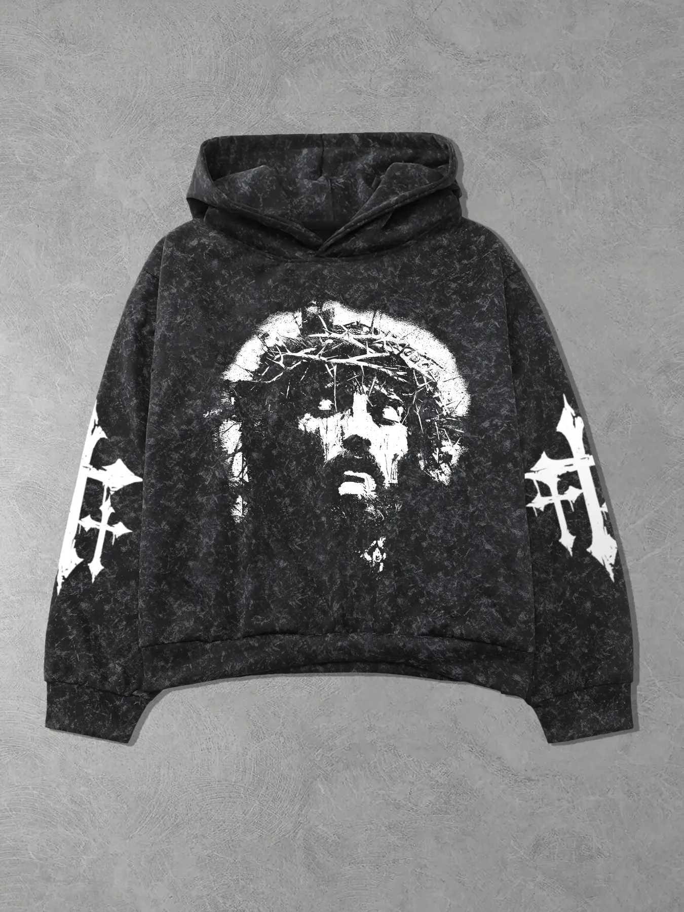 Vintage Unisex Jesus Print Hoodie Sweatshirt, Casual Knit Fitted Snowflake Texture Top, Spring Autumn Winter Fashion, Comfortable Daily Wear, Hooded Sweatshirts