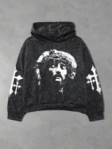 Vintage Unisex Jesus Print Hoodie Sweatshirt, Casual Knit Fitted Snowflake Texture Top, Spring Autumn Winter Fashion, Comfortable Daily Wear, Hooded Sweatshirts