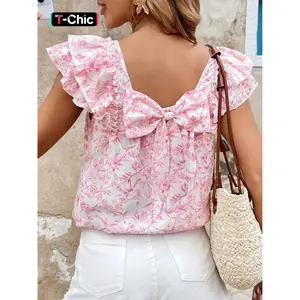 Women’s floral print tie-back blouse, casual puff-sleeve top for spring and summer, women’s clothing for everyday wear