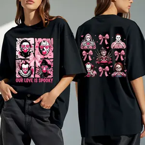 In October We Wear Pink Shirt: Halloween Horror Movie Tee, Horror Movie Characters Valentine Shirt, Coquette Our Love is Spooky T-Shirt,Funny Creepy Love Shirt, Gothic Heart Bubblegum Vibe T-Shirt