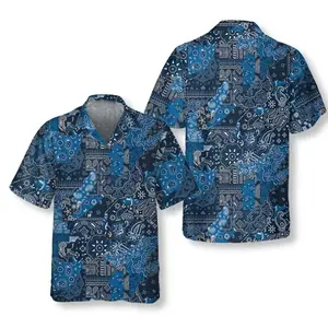 Print Blue Bandana Kerchief Paisley Pattern Hawaiian Shirt Men Women, Casual Short-Sleeve Hawaiian Shirt with Oceaed Hawaiian Shirt, Vintage Summer Shirt, Casual Summer Shirt, Gift for Men Womenn-Them