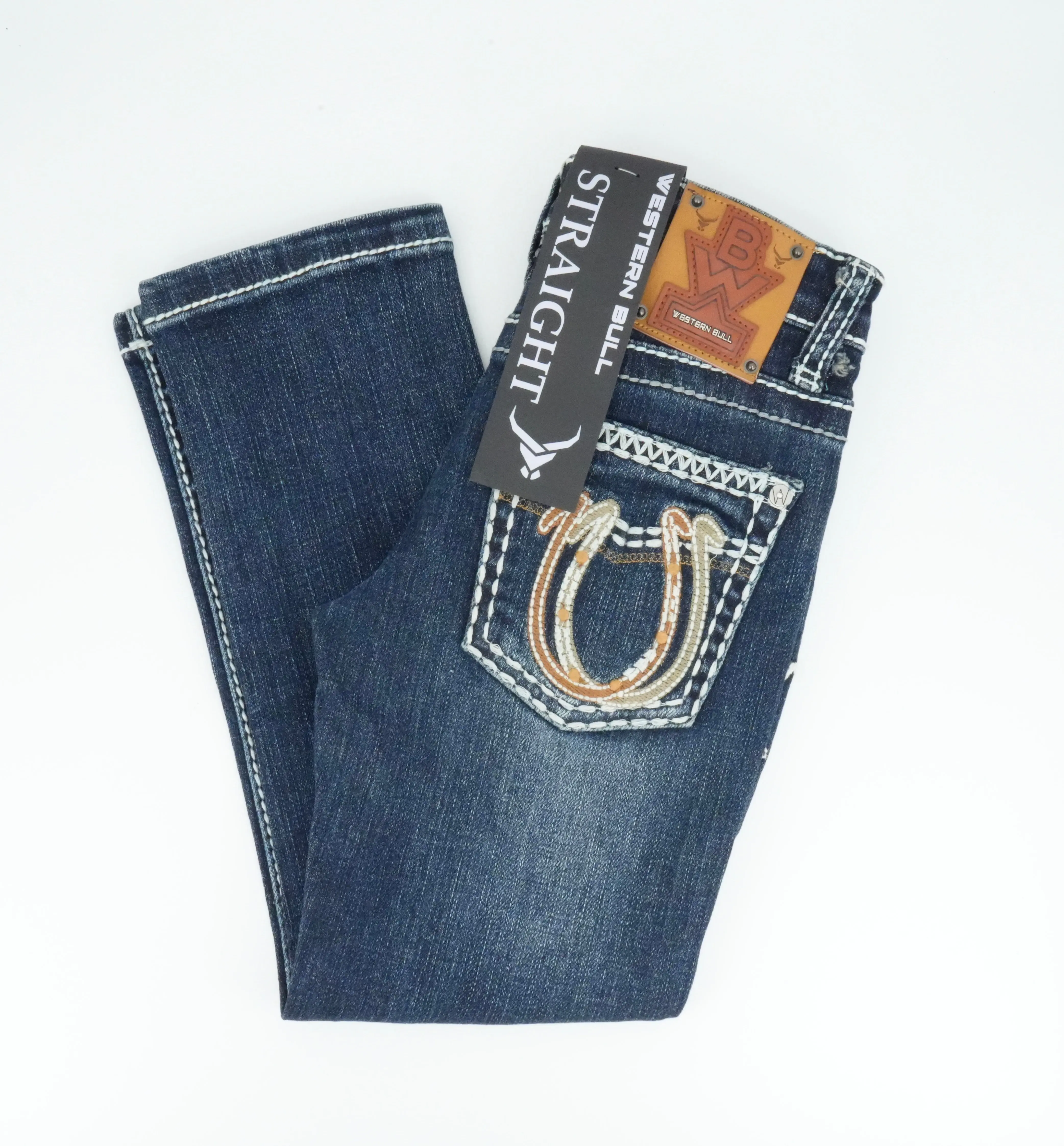 Western Bull Kid's Horseshoe Pocket Straight Jean - Medium Blue