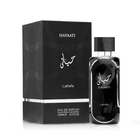 Lattafa Hayaati Black Luxury Arabic EDP Liquid, Men's 3.4 fl oz Woody-Aromatic Cologne Spray with Bergamot, Cinnamon, Musk, Essential Oils, Gluten-Free Aromatic Luxurious Fragrance
