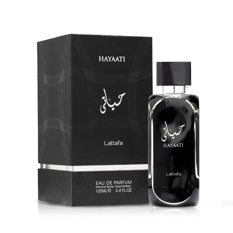 Lattafa Hayaati Black Luxury Arabic EDP Liquid, Men's 3.4 fl oz Woody-Aromatic Cologne Spray with Bergamot, Cinnamon, Musk, Essential Oils, Gluten-Free Aromatic Luxurious Fragrance