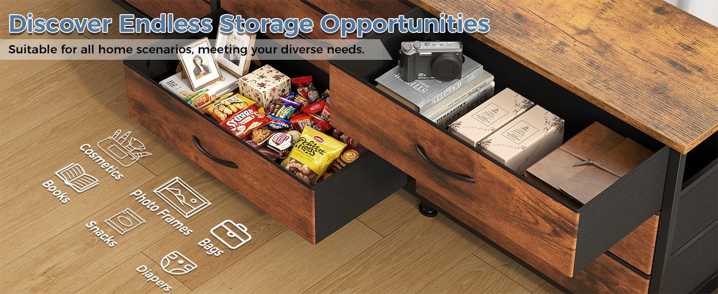 9 Drawer TV Stand Dresser， With Fabric Storage Bins, Holds Up To 70 Inch TV And 63 Inch Wide Wood Top, Sturdy Metal Frame With Anti Tip Safety, Ideal For Living Room Bedroom And Closet Organization