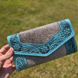 Leather Tooled Cowhide Wallet - Turquoise Blue & Gray cowhide - Handcrafted Wallet for Everyday Use