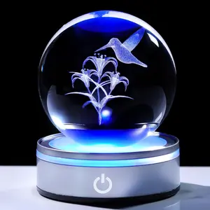 3.15in. 3D Hummingbird  Ball Gifts for Women,  Decorative Ball Engraved Hummingbird Figurine Paperweight with LED Light Base for Home Office Decoration for Birthday Christmas