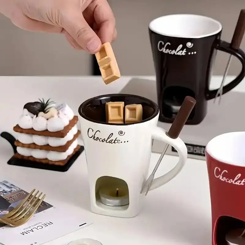 Winter Essential Ceramic Melting Cup (150ML/5OZ) - with Fork, Heat Resistant Handle, Candle-Friendly & Microwave-Safe for Chocolate/Cheese, Ideal for Bakers, Coffee Mug, Holiday Birthday Gift for Home Kitchen, Coffee Cups