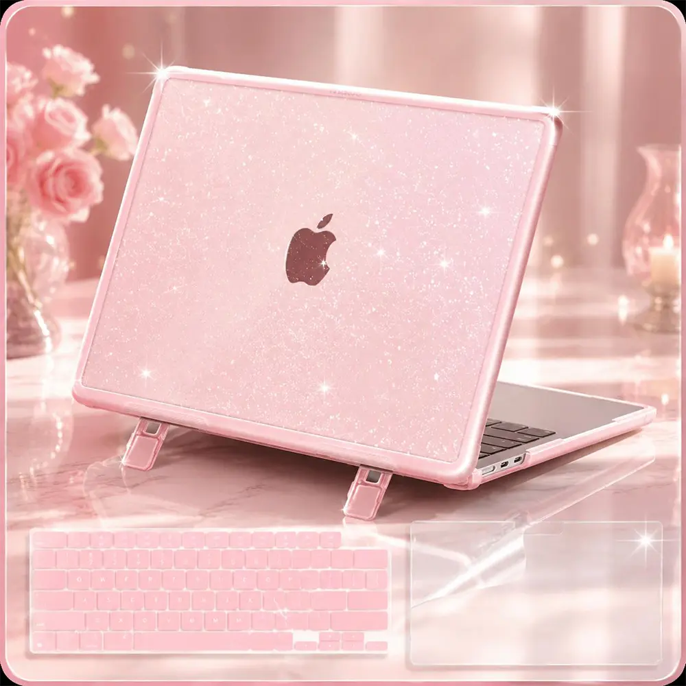 MOSISO 3-in-1 Hard Protective Laptop Case with Fold Kickstand - Sparkly Glitter, Drop Proof Cover, Ventilated Cover, Shockproof for MacBook Air 13in (2022-2026 M2, M3, M4, M5; A2681, A3113, A3240, A3449), Pink