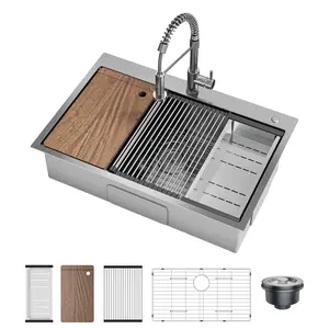 All-In-One Kitchen Workstation Sink – 33x22x9 Inch Silver Stainless Steel, Drop in Design, Pull Down Spring Faucet & Included Accessories