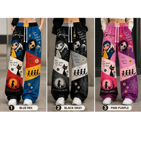 Coraline Inspired Wide Leg Pants, Gothic Patchwork Joggers, Black Gray & Pink Purple Halloween Sweatpants, Spooky Movie Fan Gift