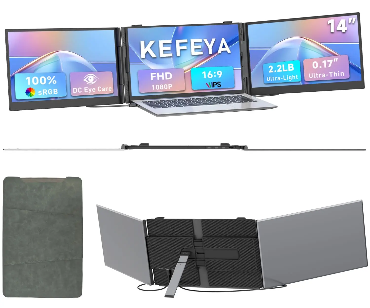 KEFEYA Triple Laptop Screen Extender 0.17" Ultra-Thin, 14" 1080P FHD Portable Monitor for Laptops 13-17.3", Ultra-Slim Laptop Monitor Extender Display 2.2 LB Lightest, USB-C HDMI Plug-Play for Mac Windows PS Switch Work Travel summerwins