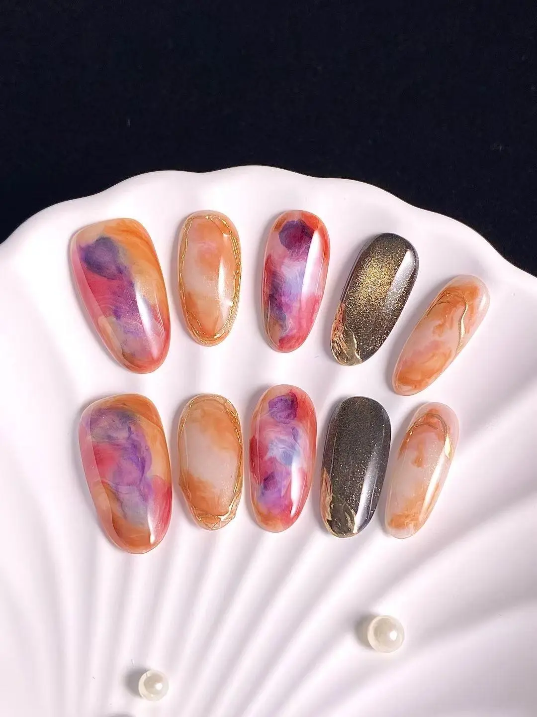 Medium Length Oval Shape Ombré Press On Nails: Purple and Orange Ombré