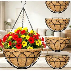 14in Hanging Planters for Outdoor Plants, Metal Chain Hanging Baskets with Coco Liner, Round Hanging Flower Pots for Porch Balcony Garden Patio Decor, Indoor Outdoor Use