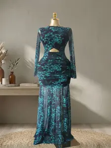 QFAF 2026 Showstopper! Emerald Floral Mesh Woven Fitted Maxi Dress - Cutout Waist Ruch Bodycon Train Hem | Edgy Y2K Spring Prom Party Engagement Night Out Formal Wear Women Formal Dress