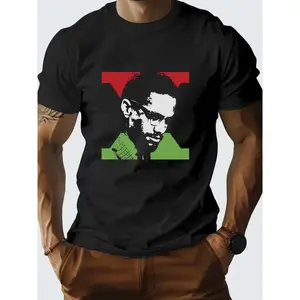 Men'S Malcolm X Black History Month T-Shirt - 100% Cotton Relaxed Fit Crew Neck Short Sleeve Shirt With Vibrant Pan-African Colors, Breathable Knit Fabric & Slight Stretch For Casual Wear, Training, Fitness, Allseason Clothing |   Graphic Print Tee
