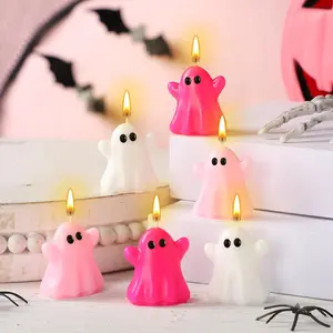 12 Pcs Pink Halloween Ghost Candles Cute Burning Unscented Wax Candles Hot Pink Ghost Spooky Decor for Halloween Holidays Party Bedroom Table Decorations