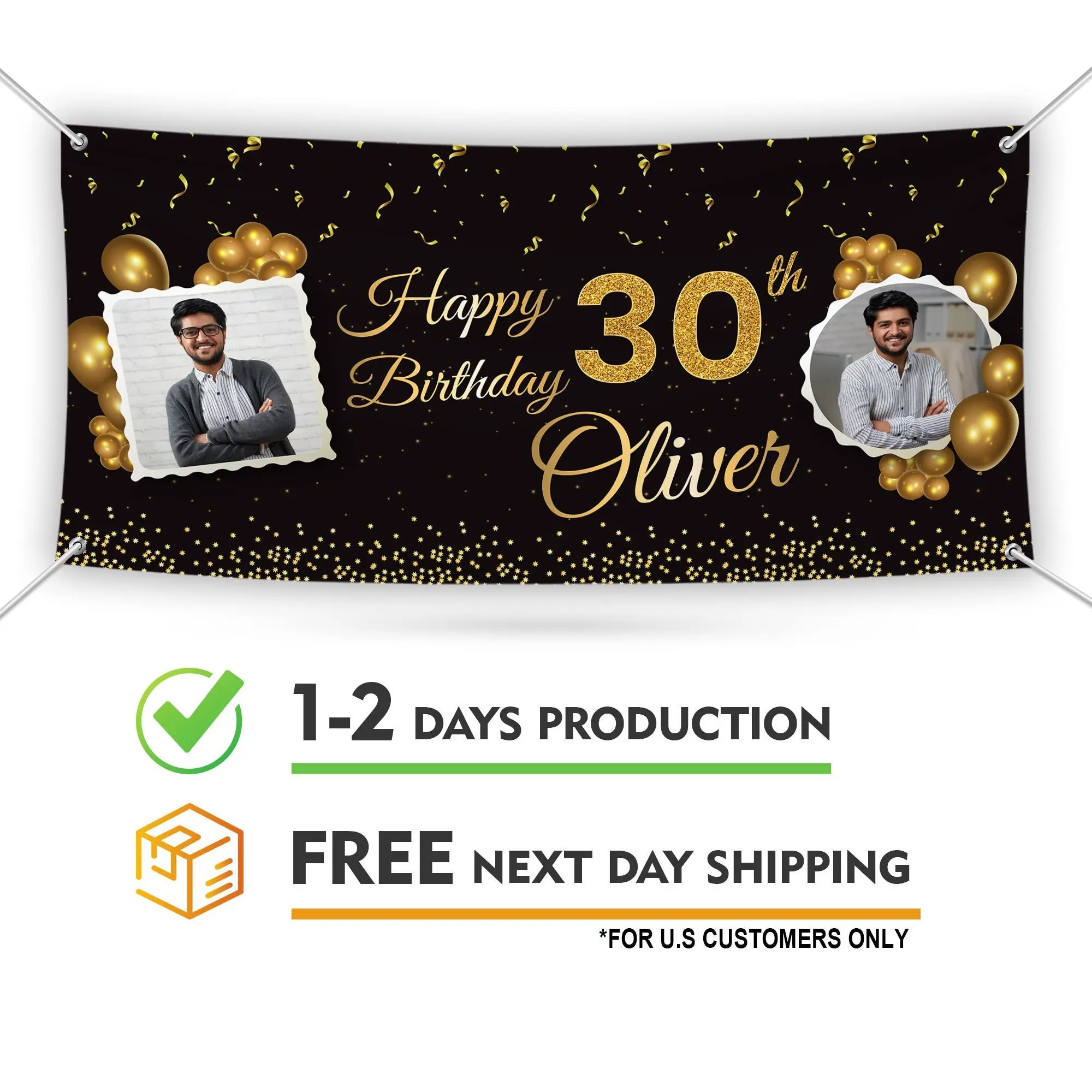 Birthday Personalized Banner With Photo, 13 Oz Gold Party Decoration, Custom 18th 20th 30th 40th 50th Birthday Banner With Metal Grommets