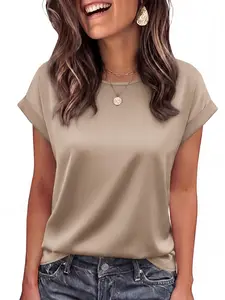 BTFBM Summer Tops for Women 2026 Dressy Satin Blouses Loose Crew Neck Short Sleeve Shirts Work Business Casual Outfits