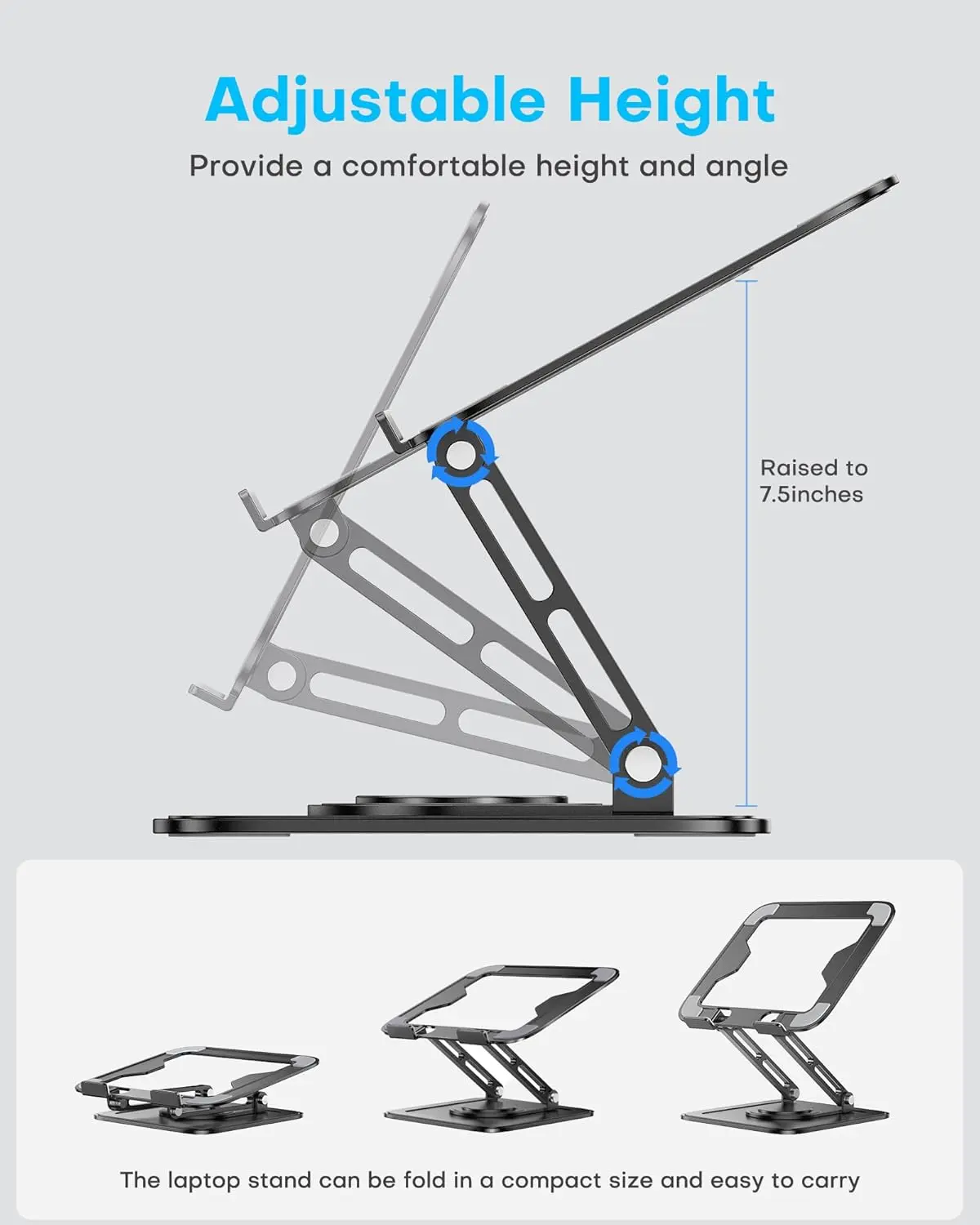 Foldable 360° Rotatable Laptop Riser, Sturdy Fiber‑Metal Ergonomic Computer Stand, Height‑Adjustable Non‑Slip Holder, Compact for Travel, Fits 10‑16 Inch Laptops for Home & Office Work