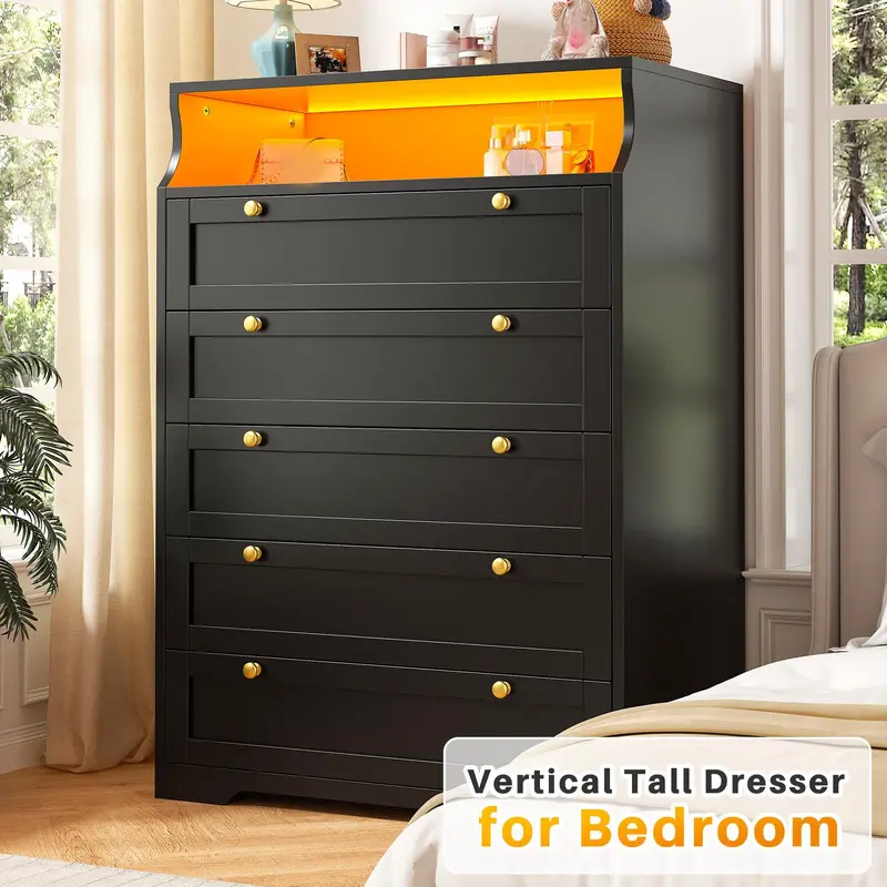 RaybeeFurniture 4/5/6 Drawer Dresser with LED Light, Space-Saving Tall Dresser Organizer for Bedroom, Hallway, Closet, Living Room, Furniture Orgaization