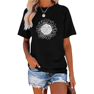 MaQiYa Women'S Cute Sunflower Print T-Shirt Vintage Short Sleeve Cotton Top (Black, Medium)