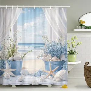 Sea Shell Bathroom Curtain, Beach Starfish Floral Pattern, Natural Wind Bath Privacy Curtain, Home Bathroom Decoration, Includes Hooks