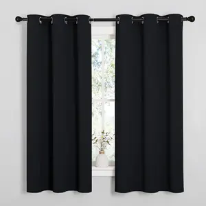 2 Panels Pitch Black Solid Thermal Insulated Grommet Blackout Curtains 63L x 42W
