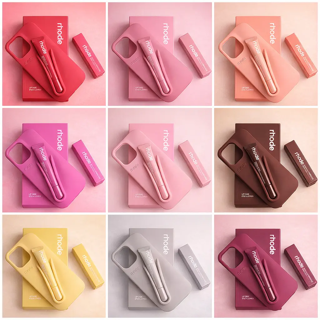 Rhode Peptide Lip Gloss Holder iPhone Case with Lipstick Set, Soft Silicone Protective Phone Cover for iPhone 15 14 13 12