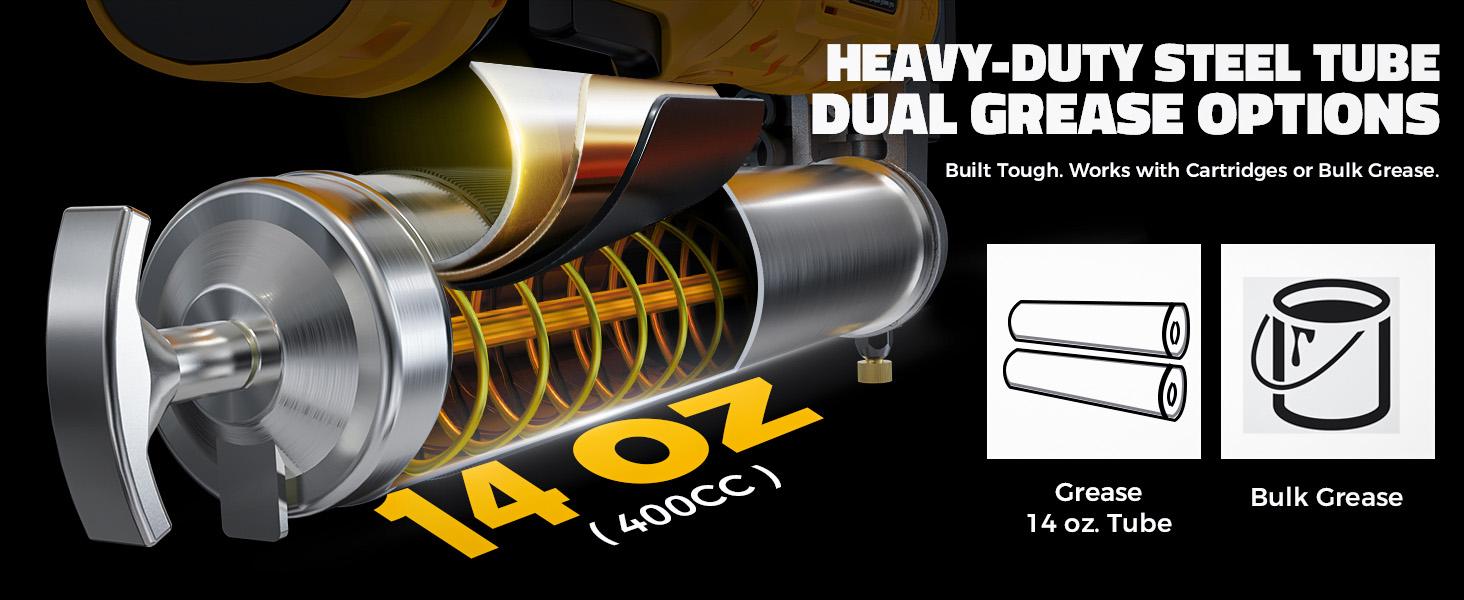 Cordless Grease Gun Compatible with DeWalt 20V Battery(NO BATTERY!!), 12000PSI, Dual Pistol & in-Line Grip, Works with Bulk & Cartridge Grease, with 39" Hose & 4 Couplers