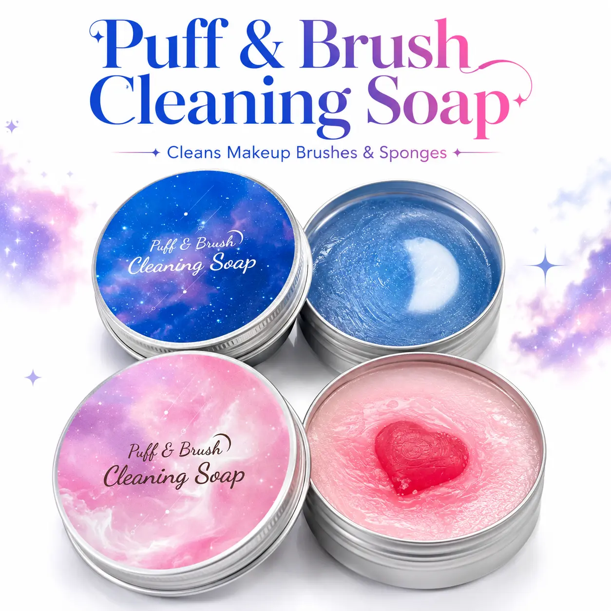 BYRRTIA Makeup Brush Cleaner Soap, Solid Brush Cleanser for Makeup Brushes, Sponges, Puffs & Beauty Tools, Portable Cosmetic Tool Cleaning Soap, Gentle Daily Brush Wash Bar, Easy Rinse Formula, Travel Friendly, Pink or Blue Makeup Brush Cleaning Soap Tin