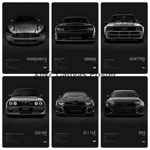 Classic performance car specification canvas poster, Aston Martin, Audi, BMW, Chevrolet, Dodge and more legendary sports car prints, vintage black and white specification layout wall art, personalized decoration suitable for men's bedro