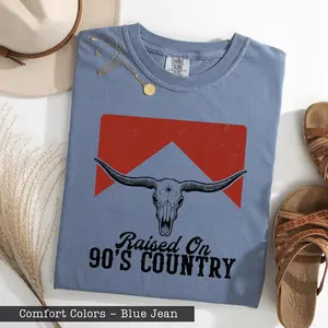 Comfort Colors Raised on 90s Country T-Shirt | Vintage Western Bull Skull Graphic Tee, Country Music Lover Retro Southern Shirt